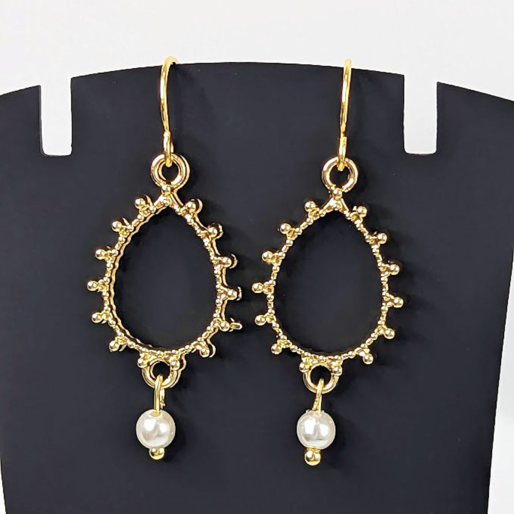 Delicate Gold Open Teardrop Vintage Faux Pearl Hoop Dangle Earrings